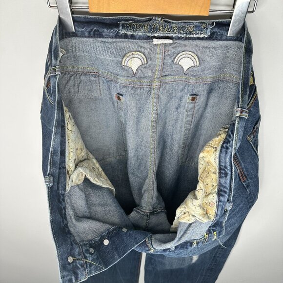 The Year Of Pig Mens Jeans Distressed Gold Silver Embroidered Straight 40x34 - Picture 10 of 16